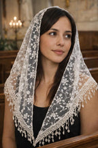 Angelica Veil — white lace triangle mantilla worn over the head and shoulders