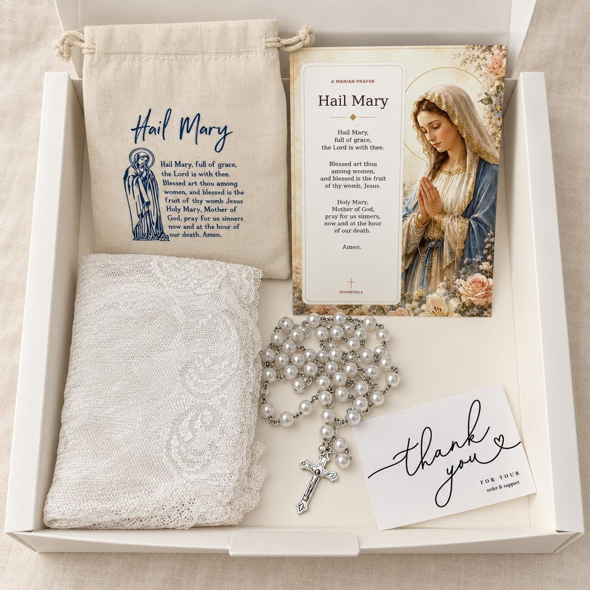 Marian Gift Set – Virgin Mary Mantilla, Rosary, Veil Pouch and Prayer Card