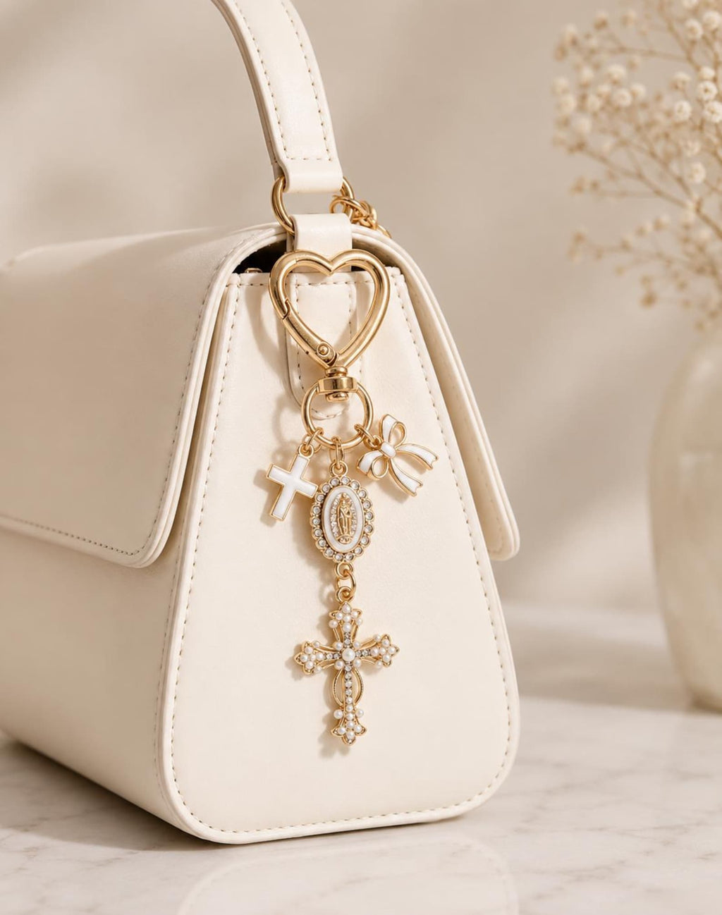 Virgin Mary Cross Bag Charm | Catholic Keychain | Christian Purse Charm | Gold Heart Keyring — photo 3