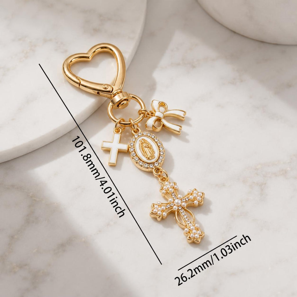 Virgin Mary Cross Bag Charm | Catholic Keychain | Christian Purse Charm | Gold Heart Keyring — photo 4