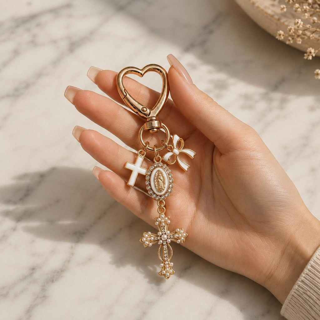 Virgin Mary Cross Bag Charm | Catholic Keychain | Christian Purse Charm | Gold Heart Keyring — photo 2