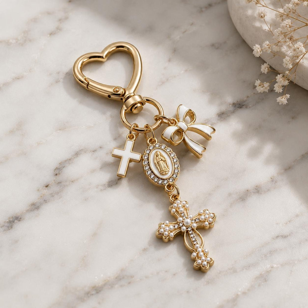 Virgin Mary Cross Bag Charm | Catholic Keychain | Christian Purse Charm | Gold Heart Keyring