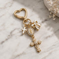 Virgin Mary Cross Bag Charm | Catholic Keychain | Christian Purse Charm | Gold Heart Keyring
