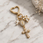 Virgin Mary Cross Bag Charm | Catholic Keychain | Christian Purse Charm | Gold Heart Keyring