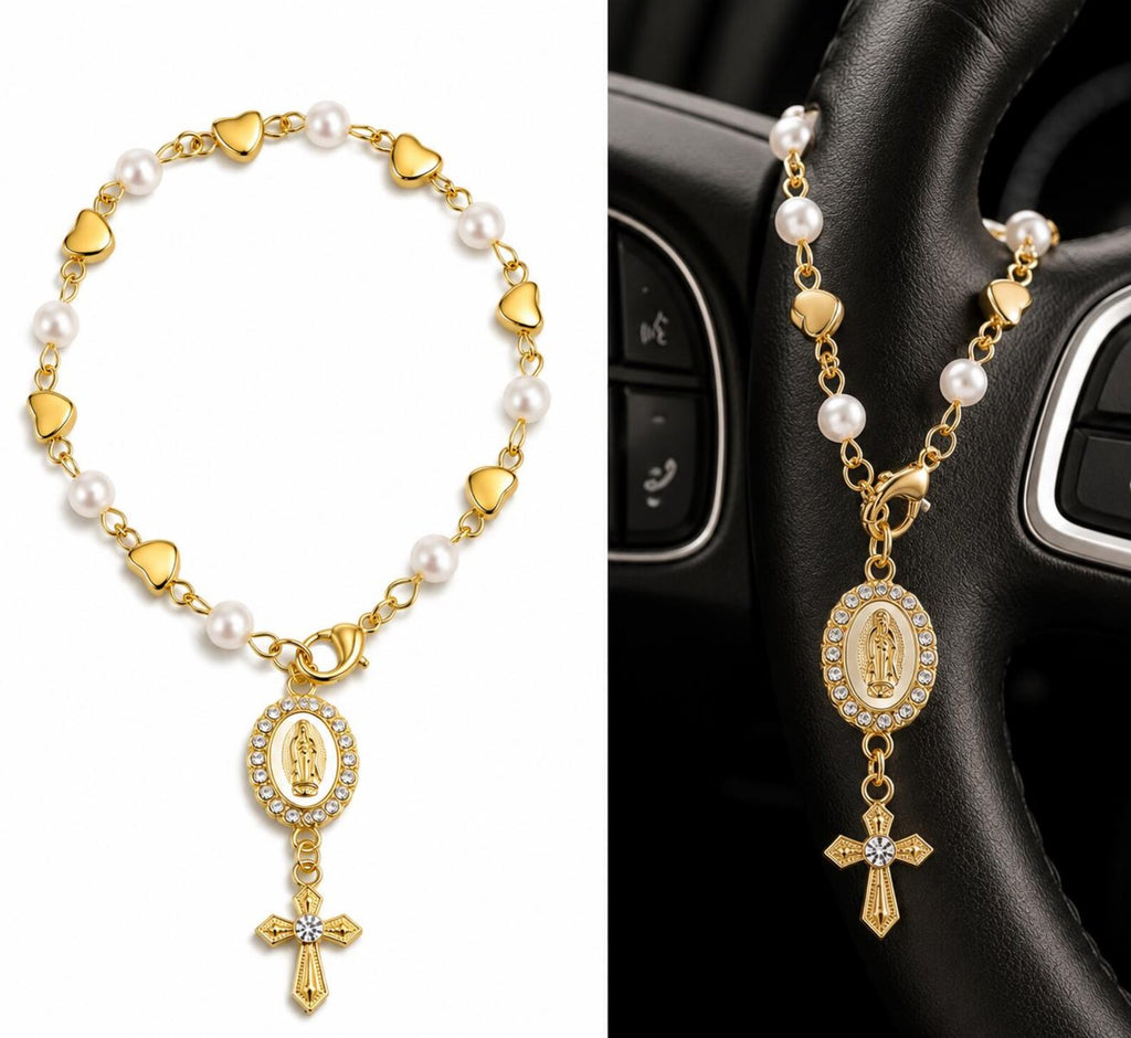 Catholic Car Rosary | Gold Pearl Car Hanging Cross | Christian Car Accessory — photo 3