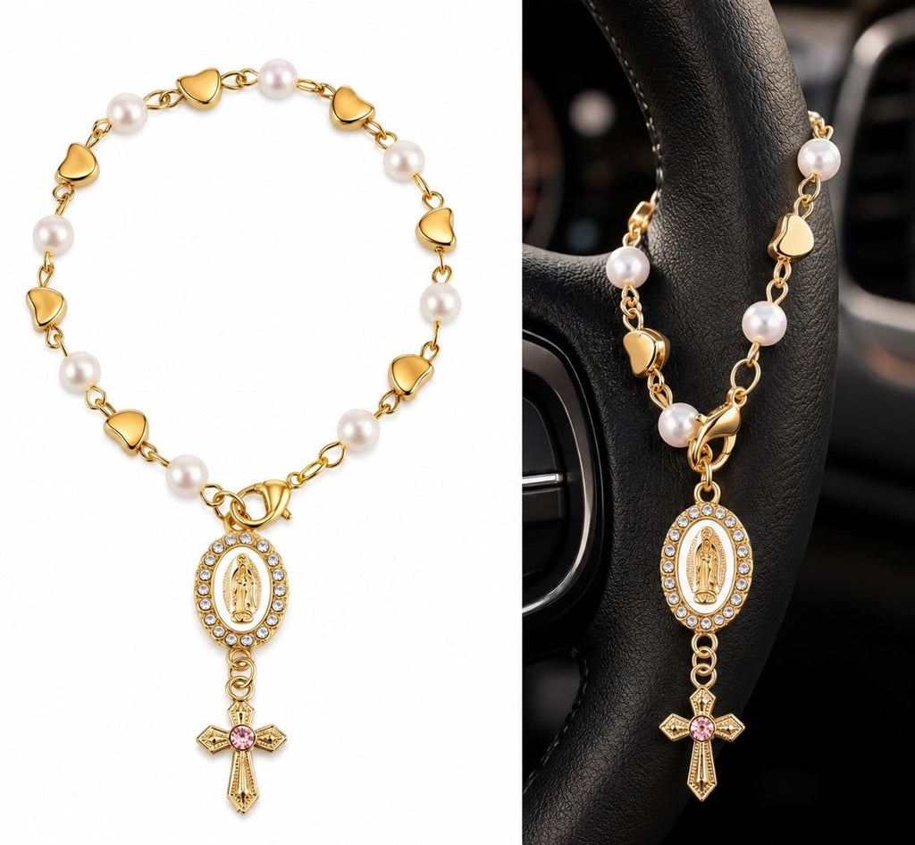 Catholic Car Rosary | Gold Pearl Car Hanging Cross | Christian Car Accessory — photo 4