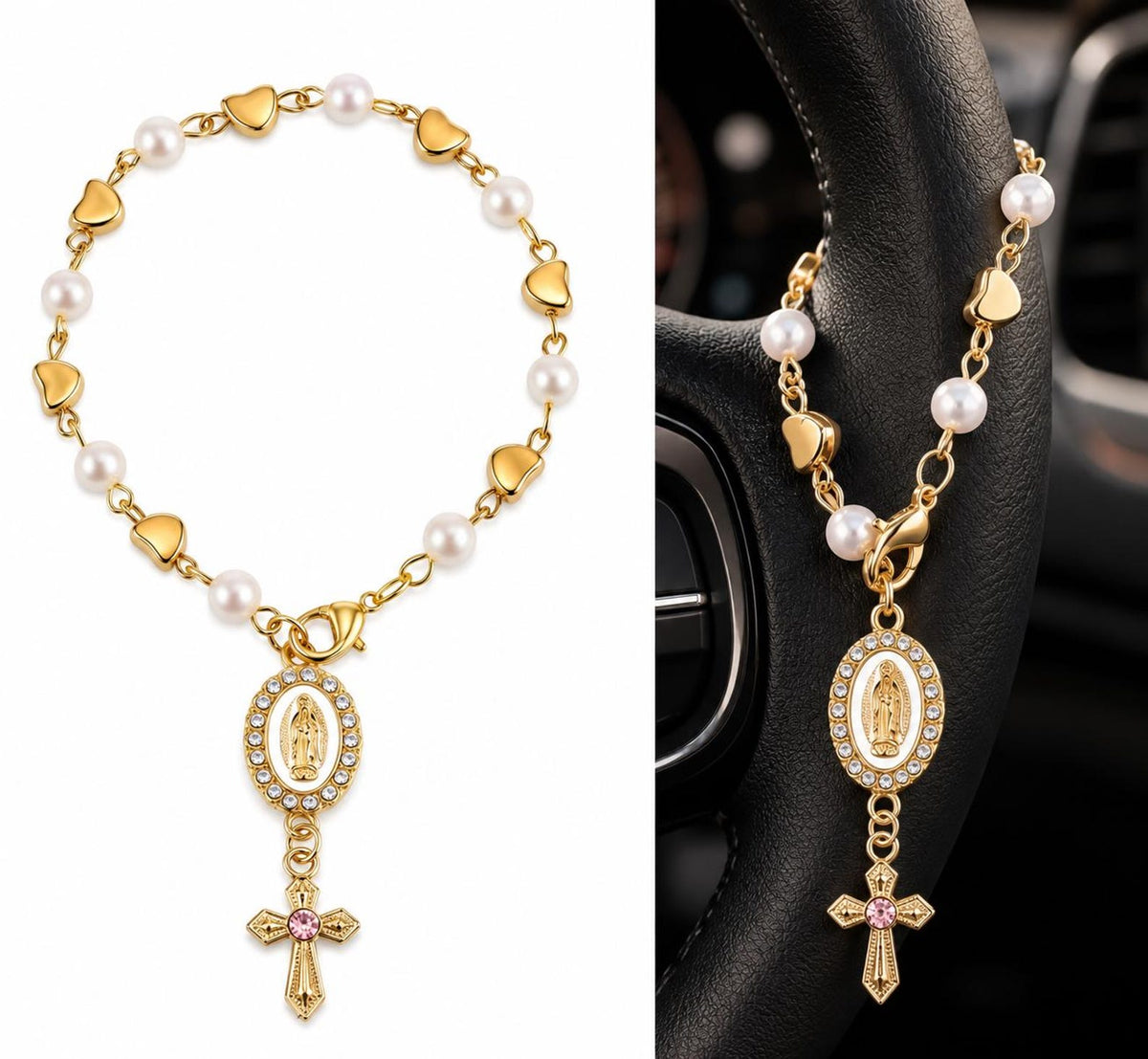 Catholic Car Rosary | Gold Pearl Car Hanging Cross | Christian Car Accessory — photo 4