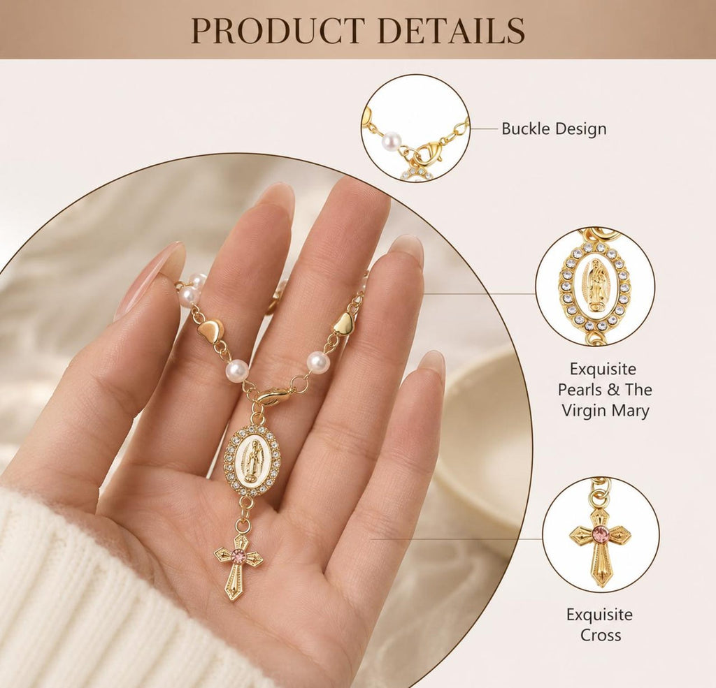 Catholic Car Rosary | Gold Pearl Car Hanging Cross | Christian Car Accessory — photo 6