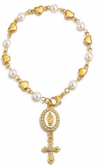 Catholic Car Rosary | Gold Pearl Car Hanging Cross | Christian Car Accessory