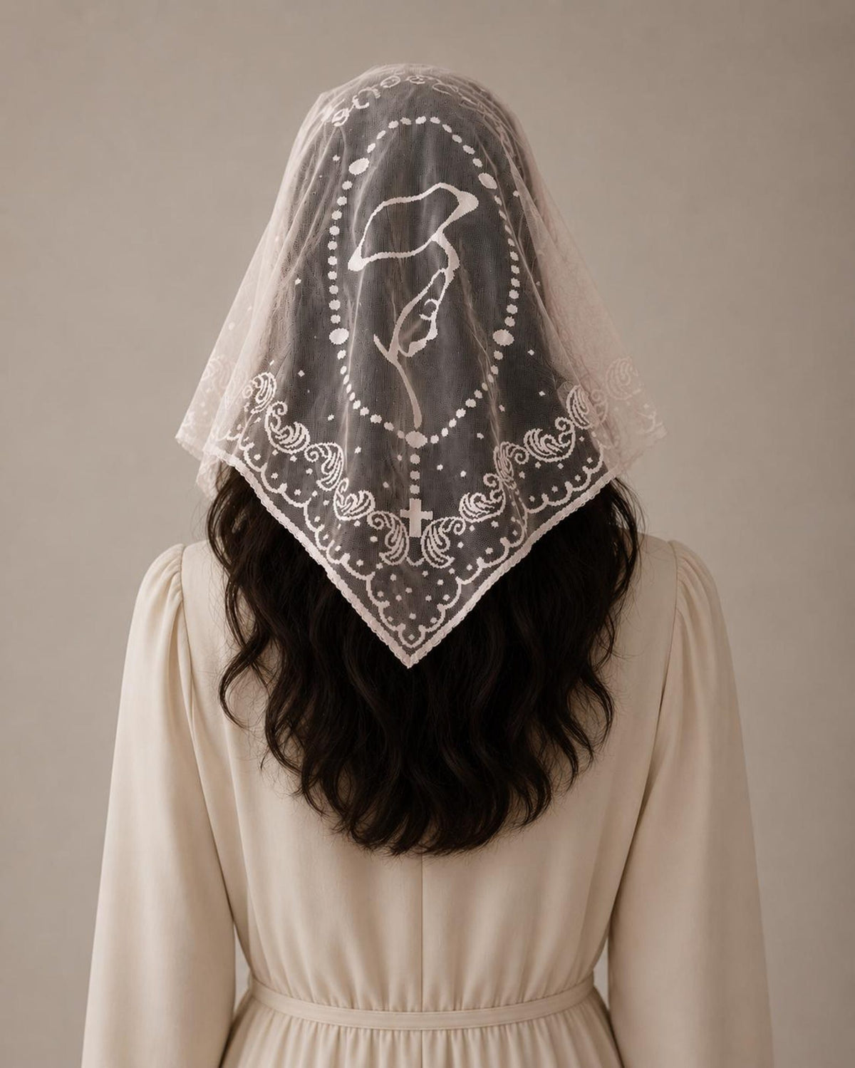 Mother Mary Rosary Mantilla Veil | “Mediugorje” Embroidered Lace Chapel Veil — photo 5
