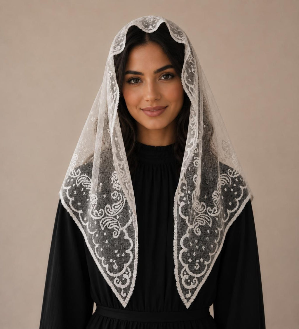 Mother Mary Rosary Mantilla Veil | “Mediugorje” Embroidered Lace Chapel Veil — photo 2
