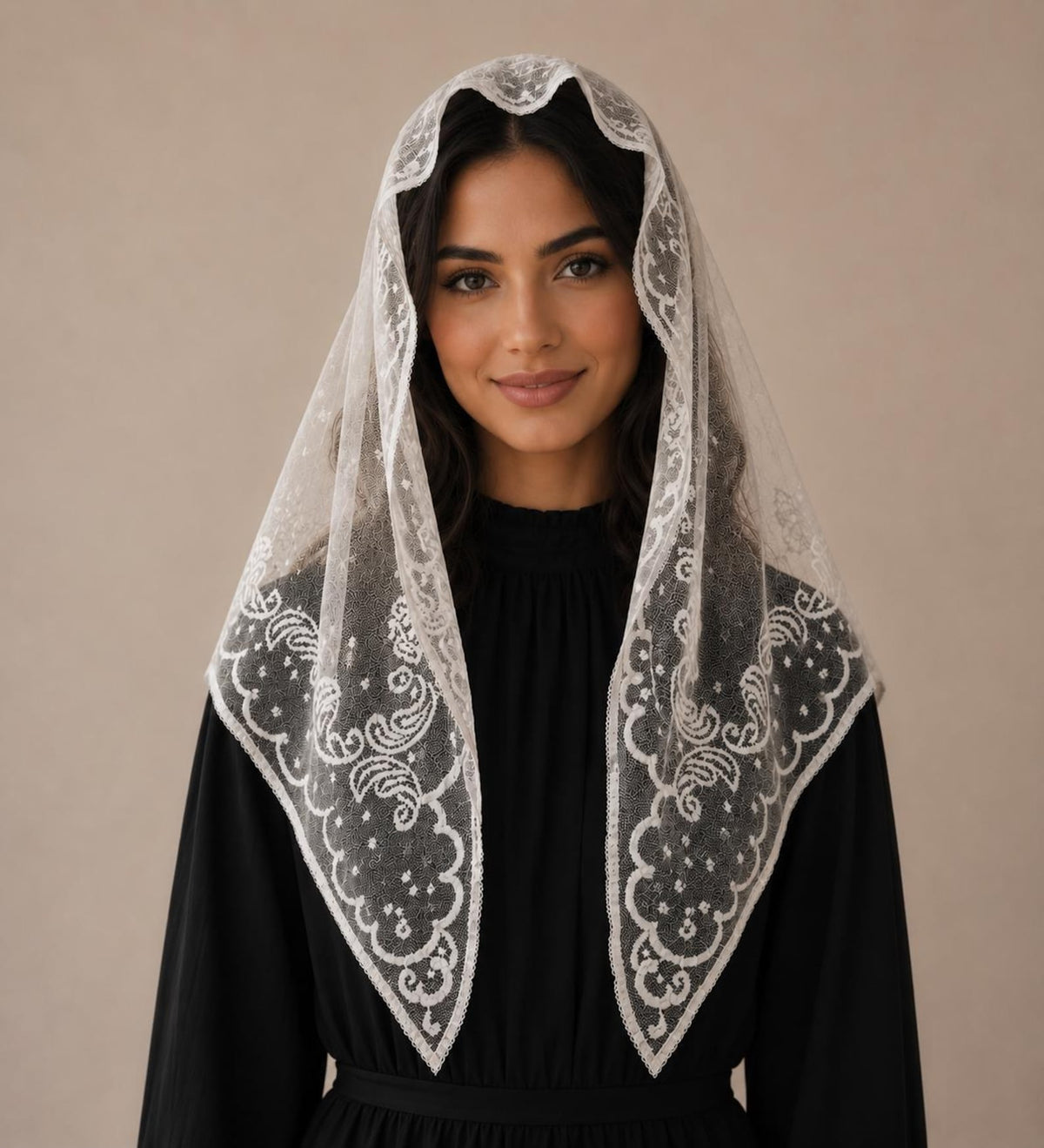 Mother Mary Rosary Mantilla Veil | “Mediugorje” Embroidered Lace Chapel Veil — photo 2