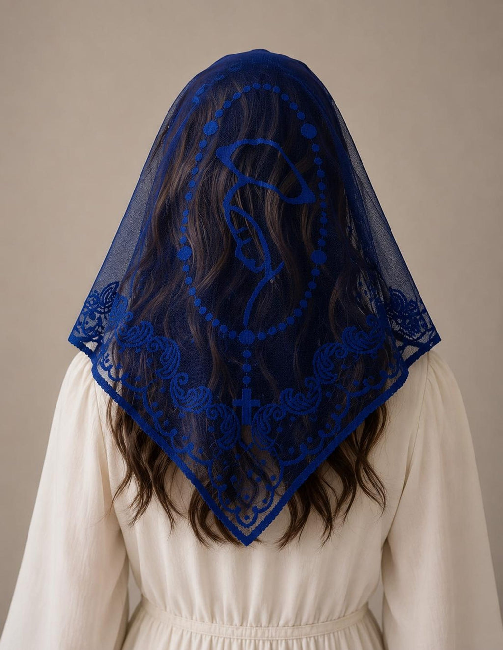 Mother Mary Rosary Mantilla Veil | “Mediugorje” Embroidered Lace Chapel Veil — photo 7
