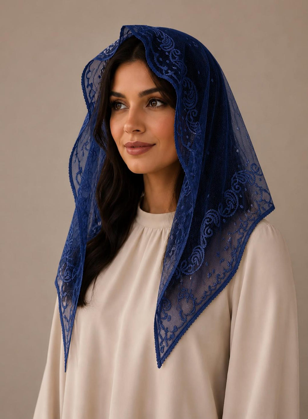 Mother Mary Rosary Mantilla Veil | “Mediugorje” Embroidered Lace Chapel Veil — photo 8