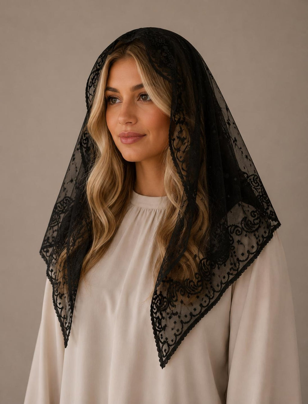 Mother Mary Rosary Mantilla Veil | “Mediugorje” Embroidered Lace Chapel Veil — photo 4