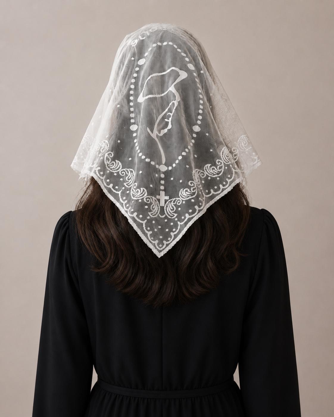Mother Mary Rosary Mantilla Veil | “Mediugorje” Embroidered Lace Chapel Veil