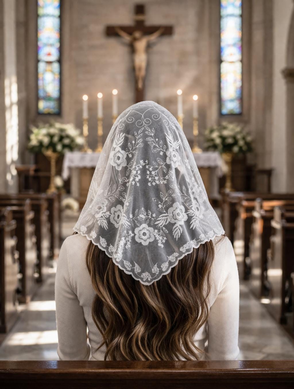 Esther Floral Lace Mantilla | Embroidered Triangle Scarf | Church Veil | Traditional Veil