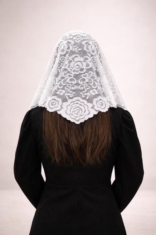 Eliora Lace Veil – White Catholic Mantilla, Floral Chapel Veil, Church Head Covering — photo 2