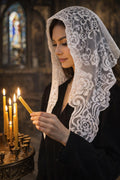 Eliora Lace Veil – White Catholic Mantilla, Floral Chapel Veil, Church Head Covering