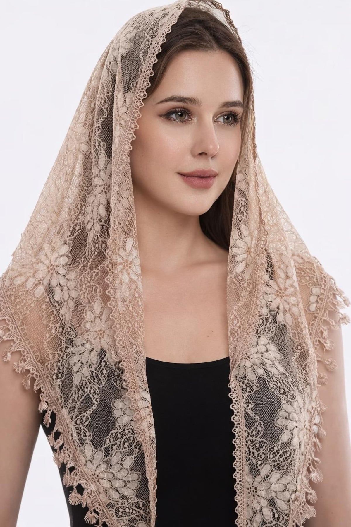 Gianna Shimmer Lace Mantilla Veil – Boho Tassel Chapel Veil, Catholic Head Covering — photo 5