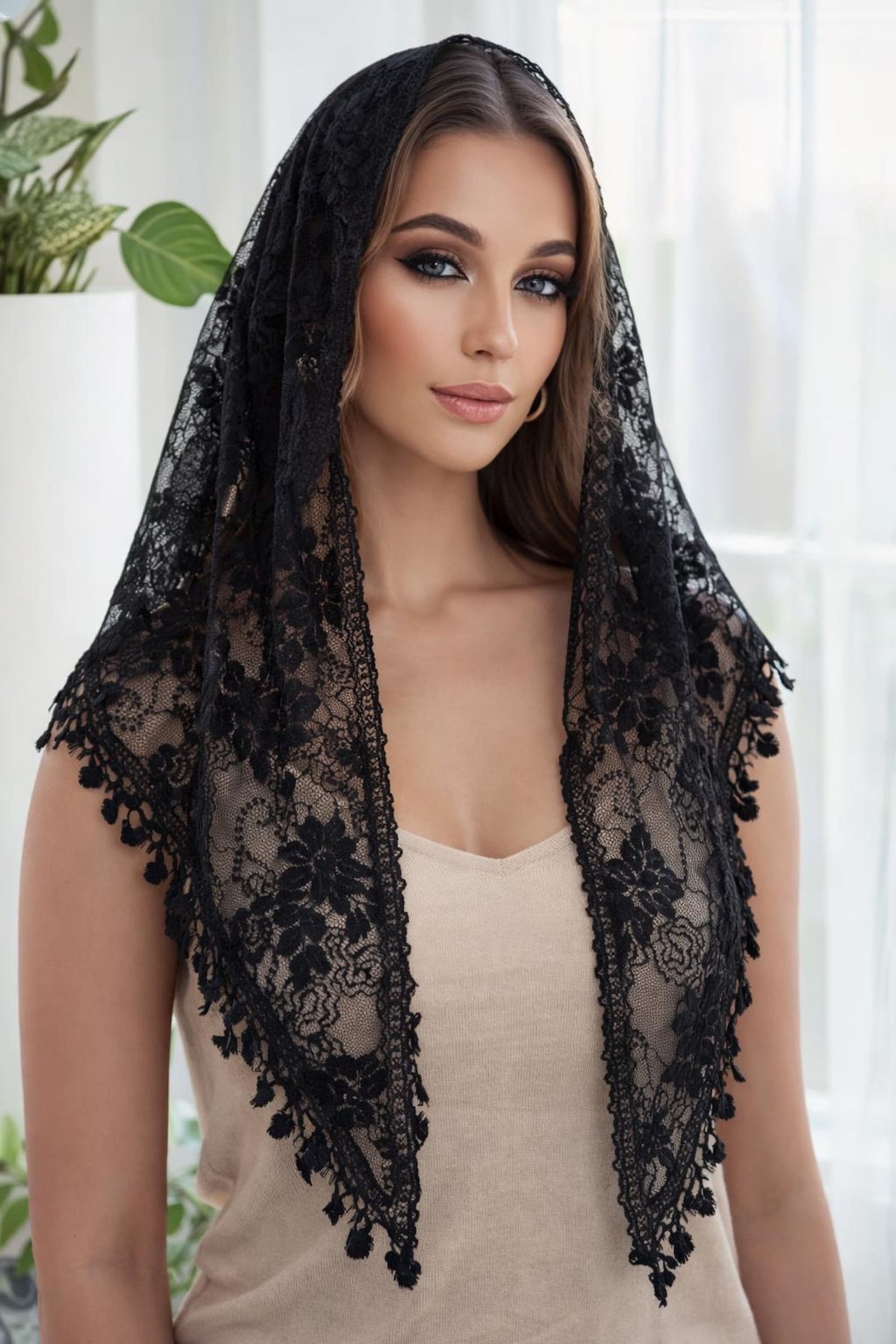 Gianna Shimmer Lace Mantilla Veil – Boho Tassel Chapel Veil, Catholic Head Covering — photo 7