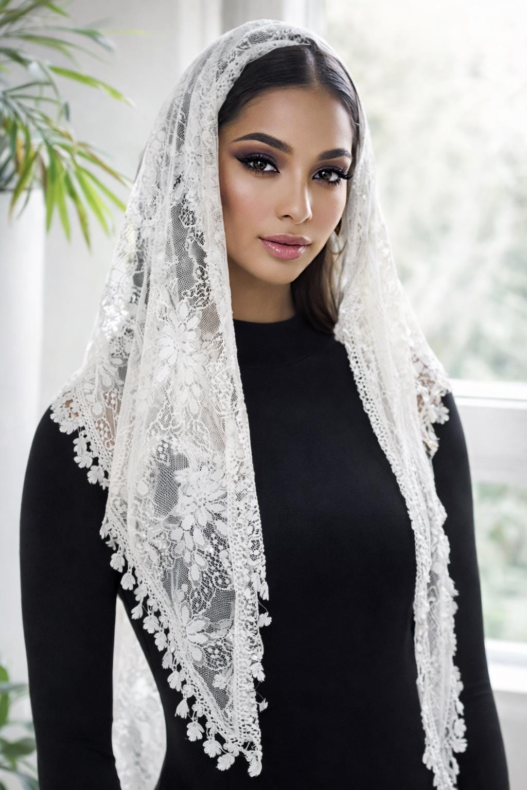 Gianna Shimmer Lace Mantilla Veil – Boho Tassel Chapel Veil, Catholic Head Covering