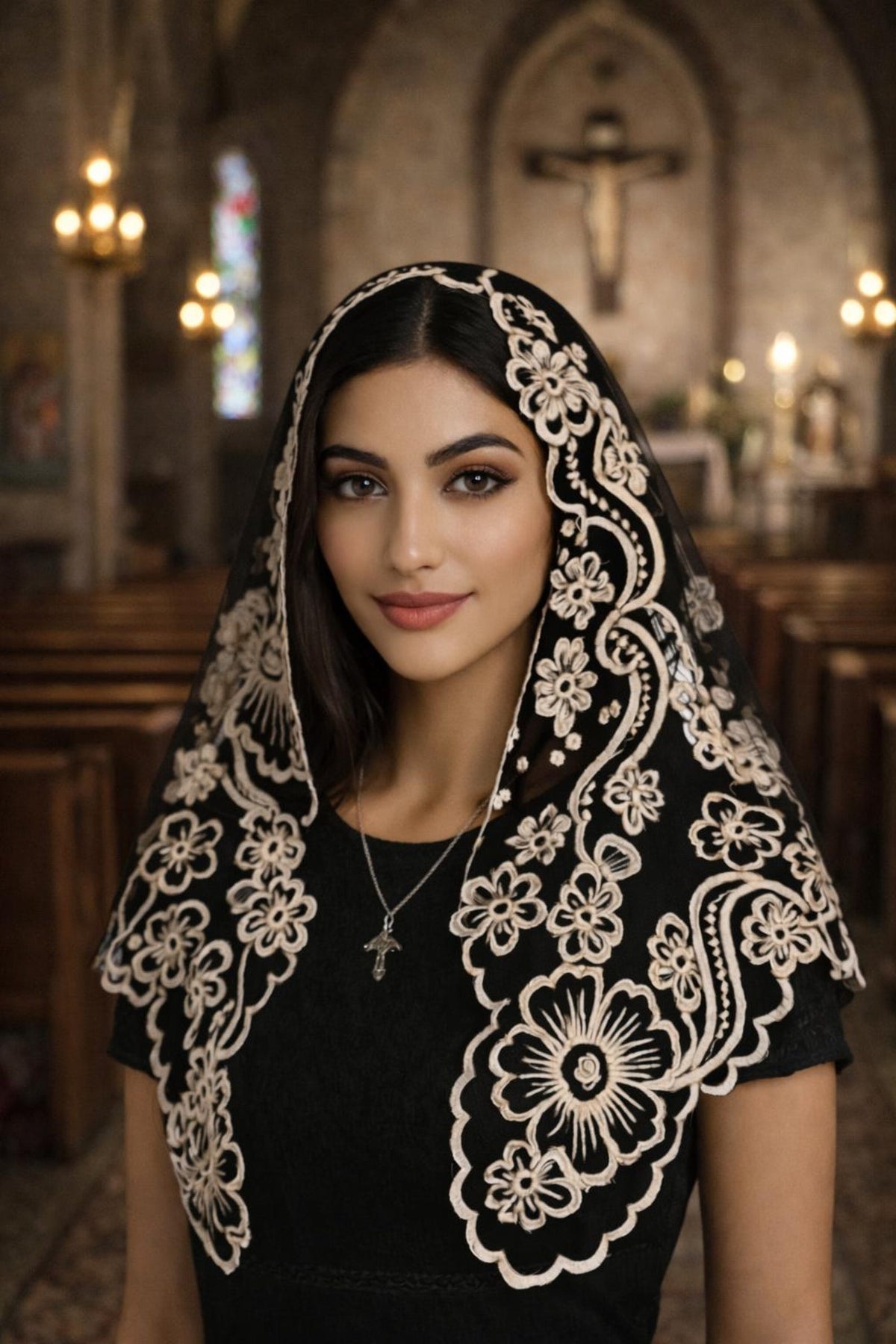 Immaculata Lace Virgin Mary Mantilla – Catholic Chapel Veil, Latin Mass Head Covering — photo 3