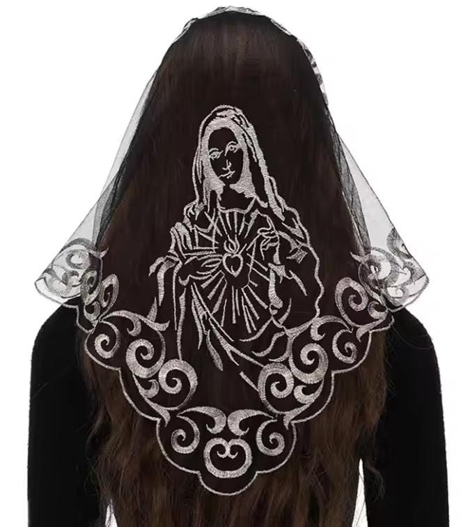 Our Lady Embroidered Mantilla – Sacred Heart Veil, Catholic Chapel Head Covering