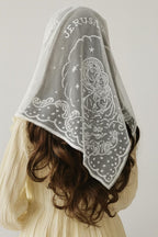Maryam White Embroidered Mantilla – Catholic Chapel Veil, Traditional Mass Veil — photo 3