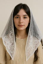 Maryam White Embroidered Mantilla – Catholic Chapel Veil, Traditional Mass Veil — photo 4