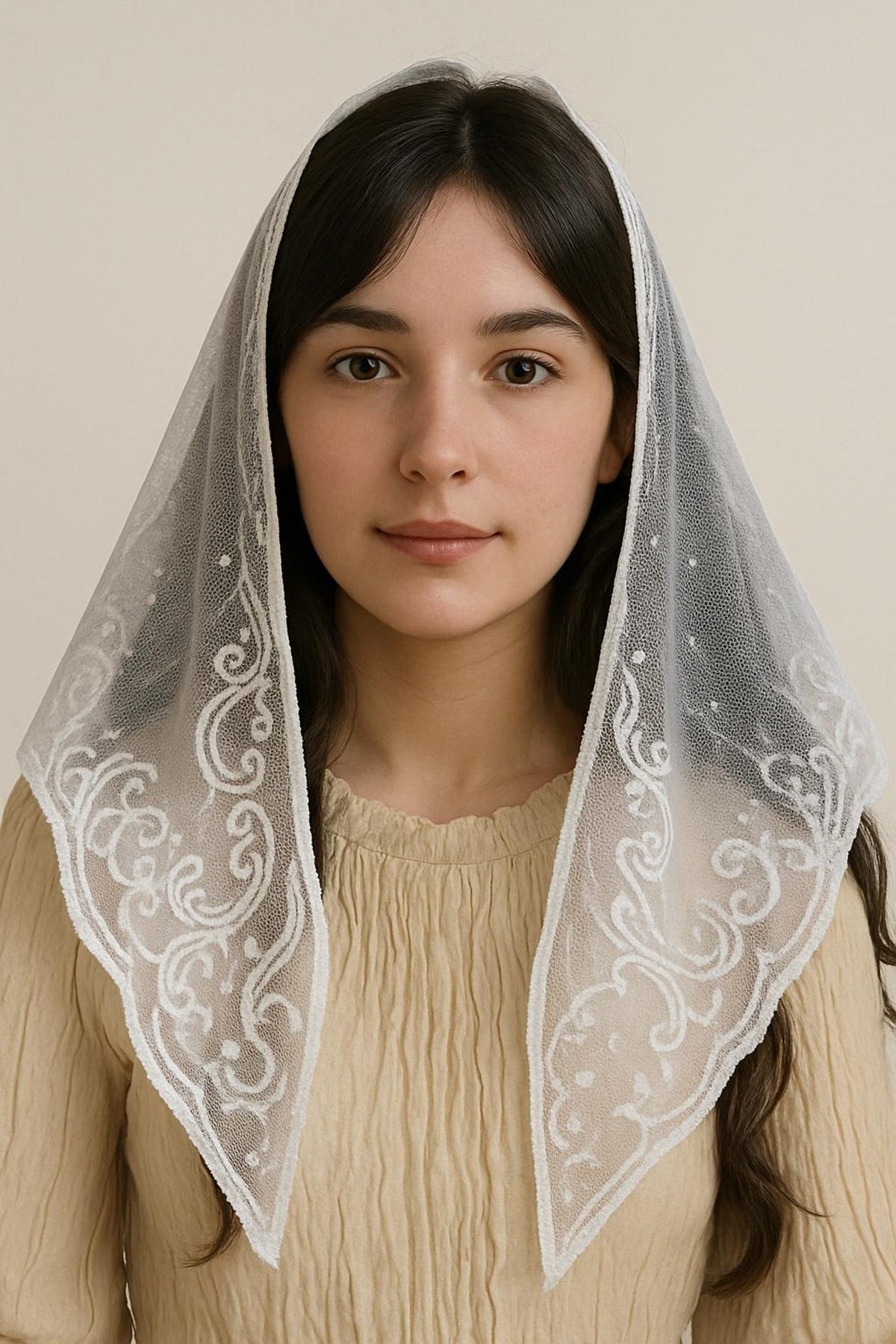 Maryam White Embroidered Mantilla – Catholic Chapel Veil, Traditional Mass Veil — photo 4