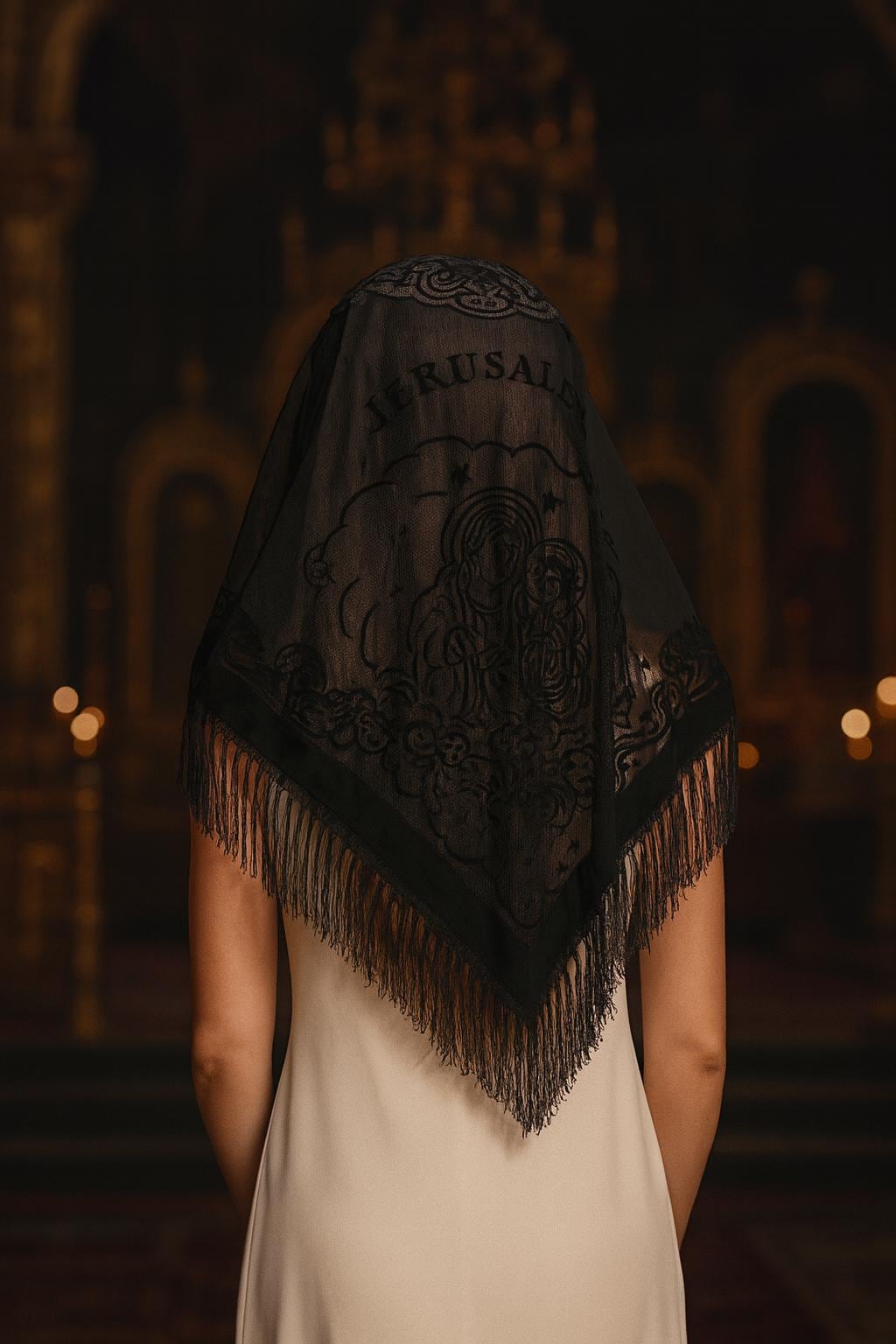 Lourdes Black Jerusalem Veil – Embroidered Mantilla, Catholic Chapel Veil